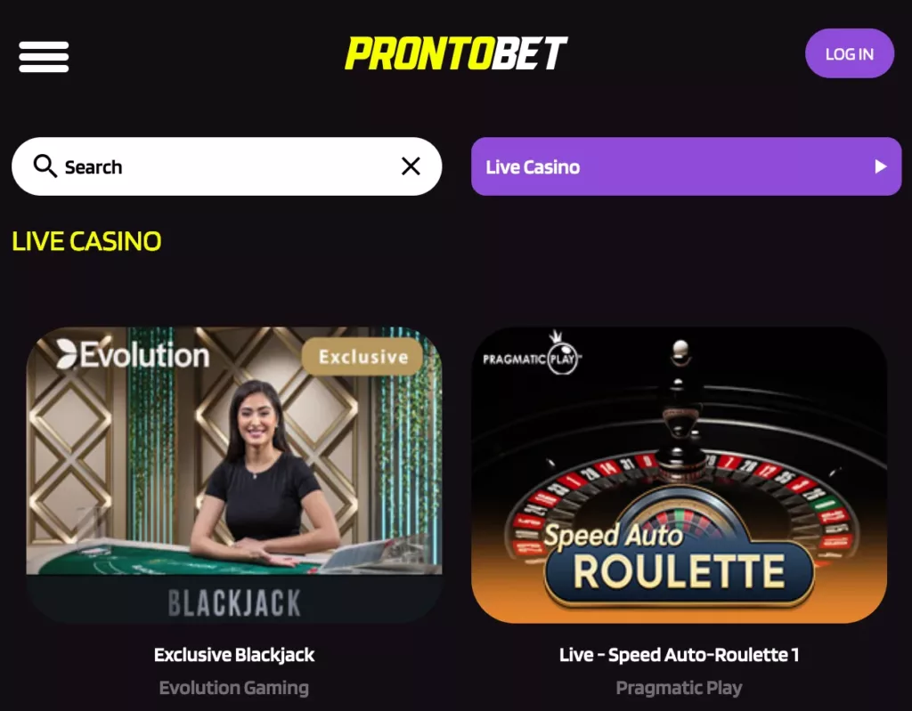 prontobet spellen live casino screenshot